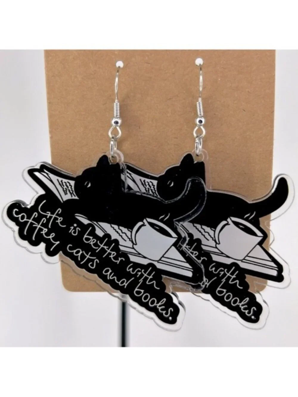 Cat “Life Is Better With Coffee, Cats, and Books”Dangle Earrings 2D Acrylic